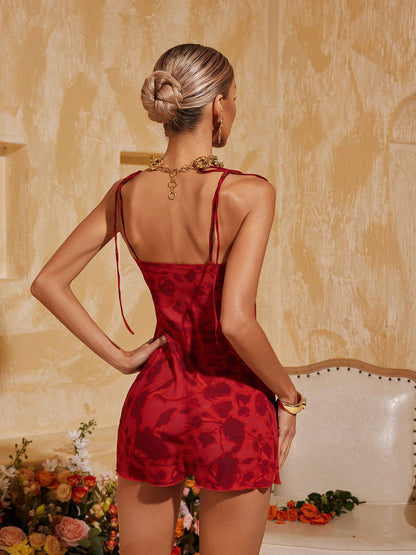 Scoop Neck Tie-Shoulder Spaghetti Strap Floral Print Bodycon Mini Dress