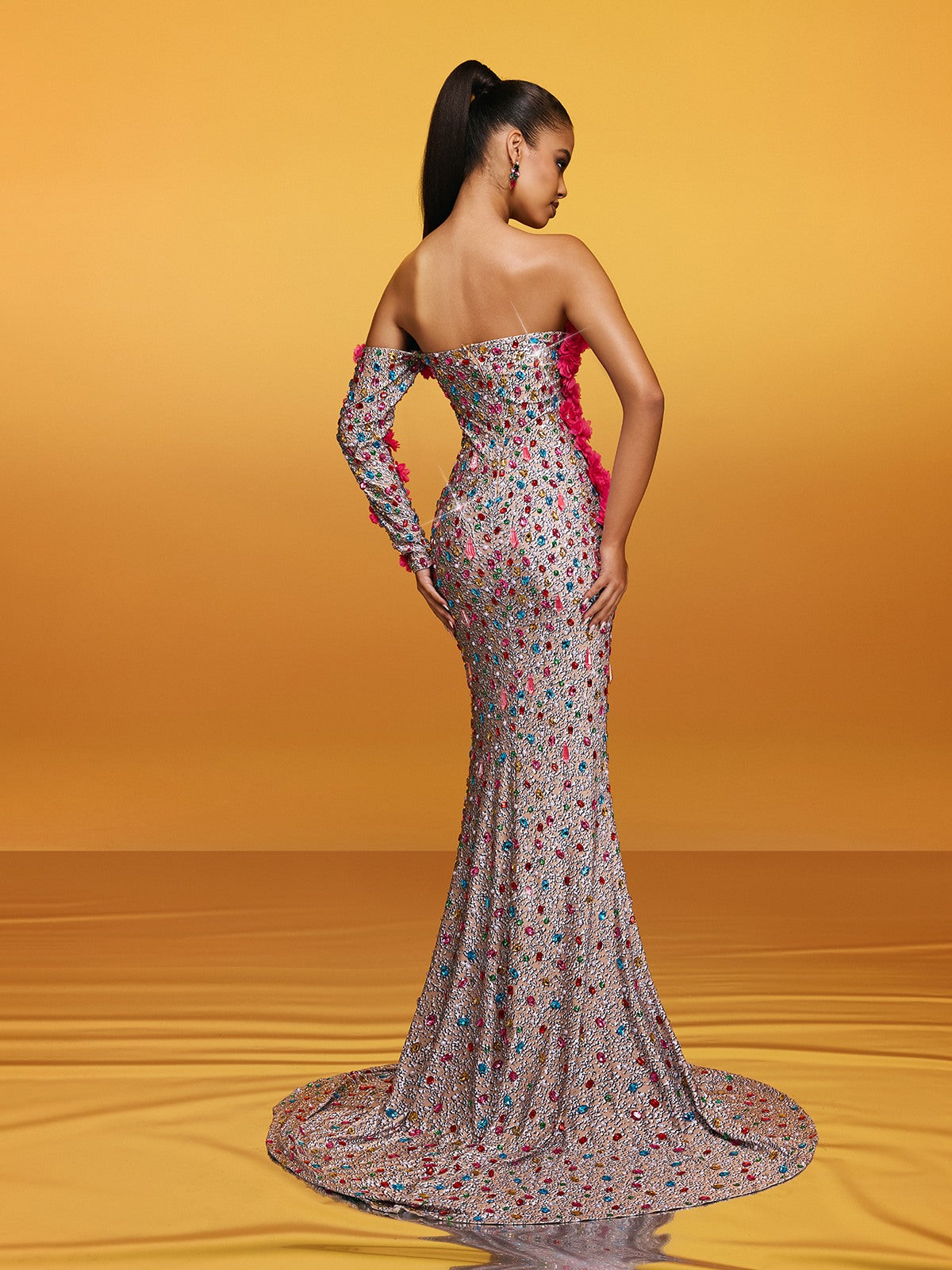 Off Shoulder Single Sleeve 3D Floral Crystal Mermaid Train Gown