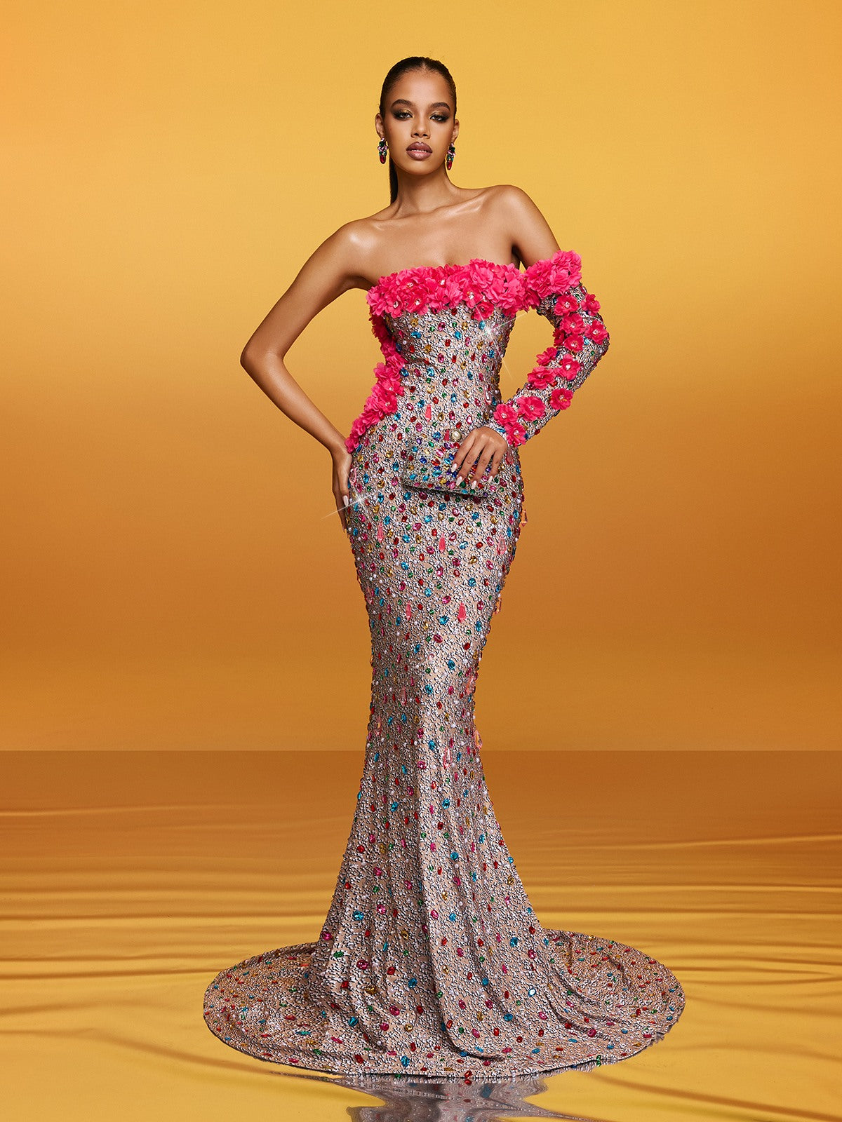 Off Shoulder Single Sleeve 3D Floral Crystal Mermaid Train Gown