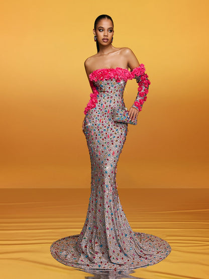 Off Shoulder Single Sleeve 3D Floral Crystal Mermaid Train Gown