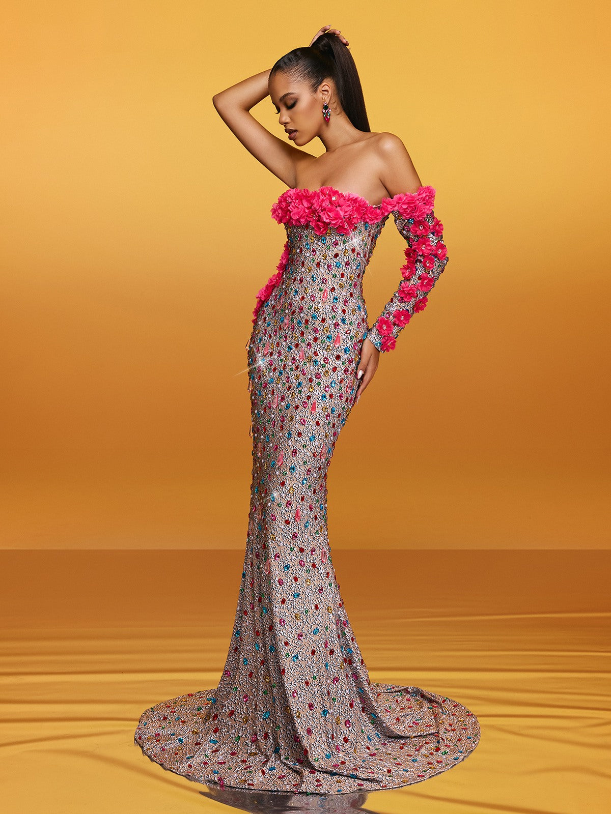 Off Shoulder Single Sleeve 3D Floral Crystal Mermaid Train Gown