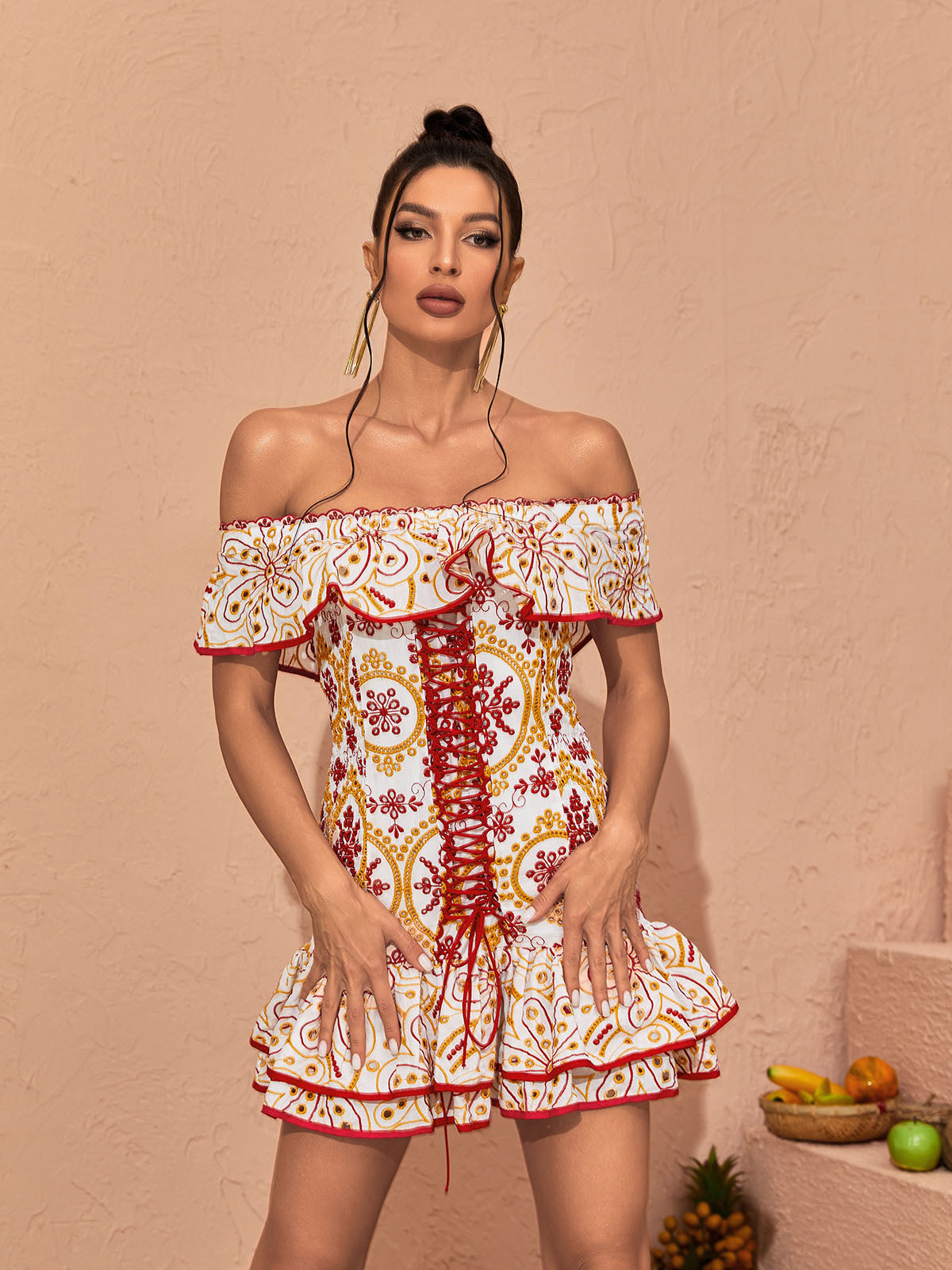 Off Shoulder Ruffle Lace Up Front Tiered Mandala Print Mini Dress