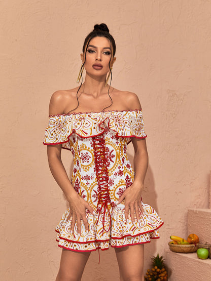 Off Shoulder Ruffle Lace Up Front Tiered Mandala Print Mini Dress