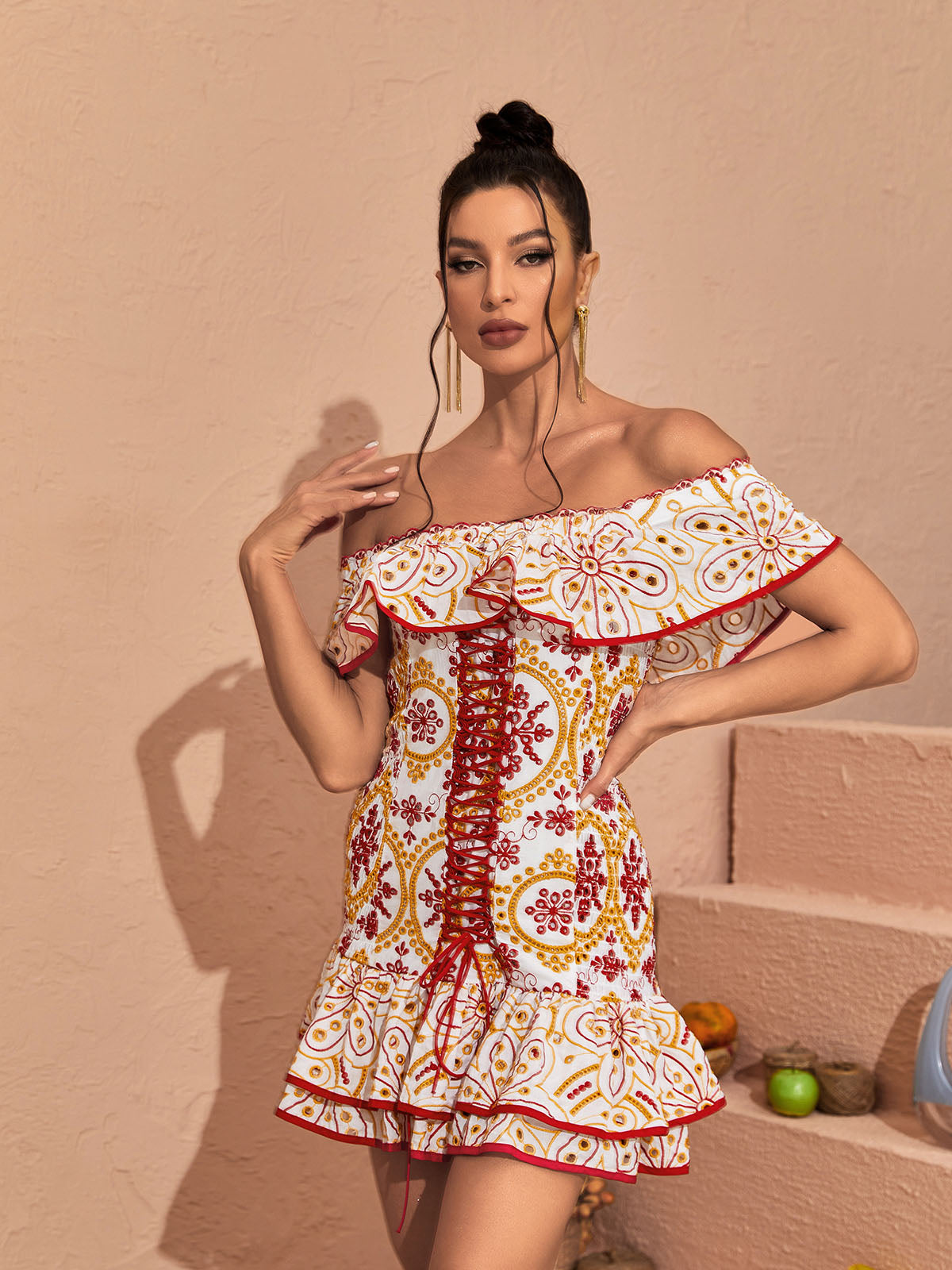 Off Shoulder Ruffle Lace Up Front Tiered Mandala Print Mini Dress