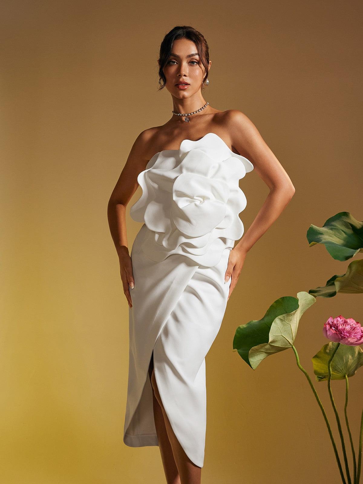 Strapless 3D Flower Rosette Wrap Slit Midi Dress