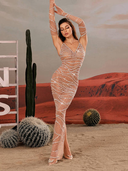 Spaghetti Strap V Neck Rhinestone Wave Mesh Column Maxi Gown