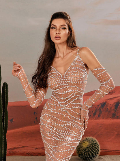 Spaghetti Strap V Neck Rhinestone Wave Mesh Column Maxi Gown