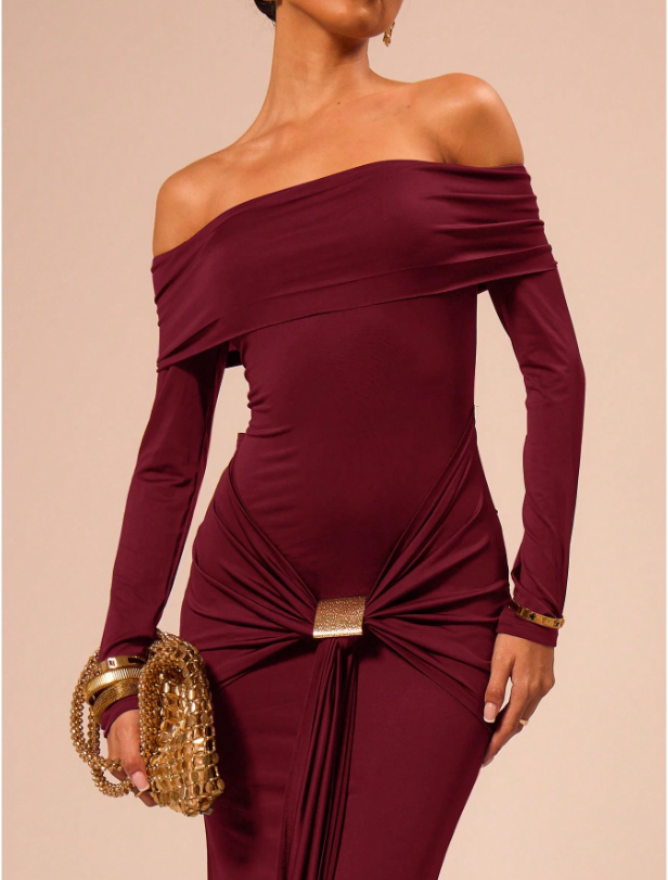 Off Shoulder Long Sleeve Ruched Metal Buckle Drape Front Maxi Gown