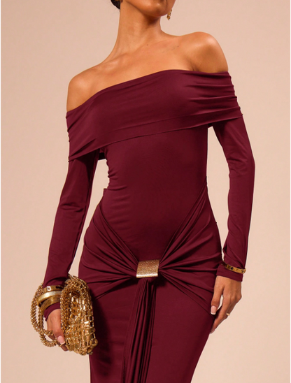 Off Shoulder Long Sleeve Ruched Metal Buckle Drape Front Maxi Gown