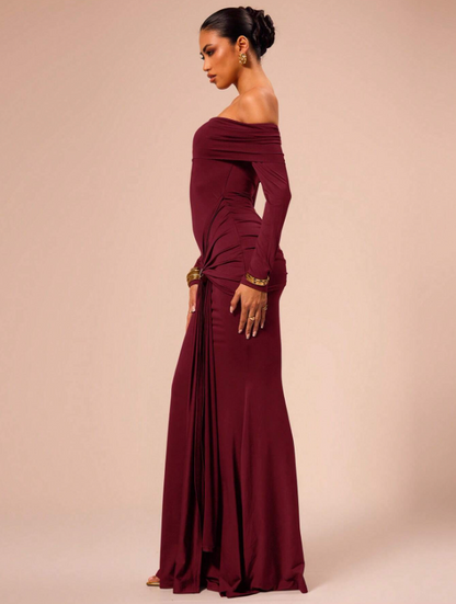 Off Shoulder Long Sleeve Ruched Metal Buckle Drape Front Maxi Gown