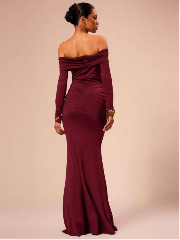Off Shoulder Long Sleeve Ruched Metal Buckle Drape Front Maxi Gown
