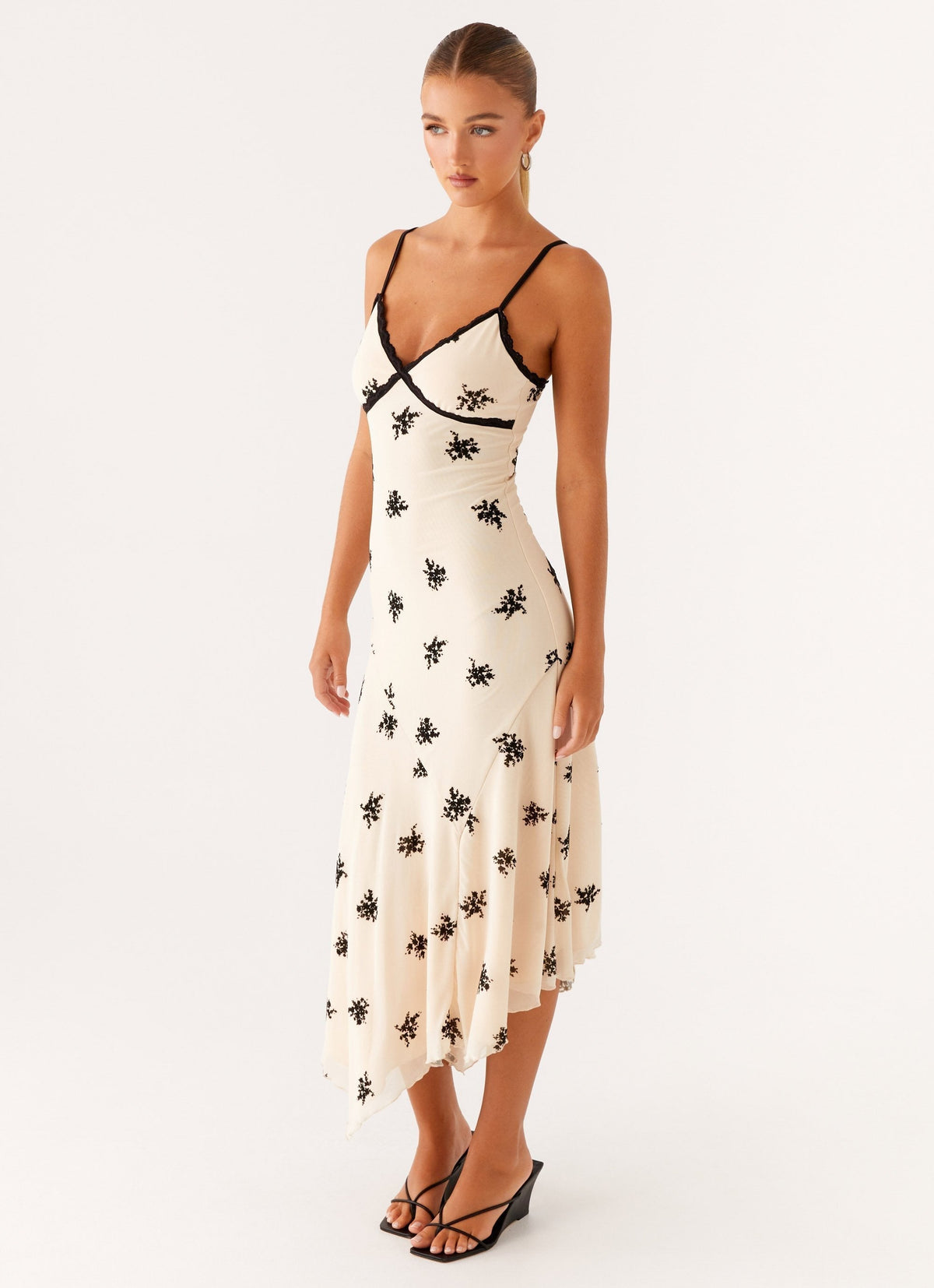 Deep V Neck Lace Trim Star Print Asymmetric Ruffle Midi Dress