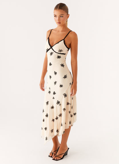 Deep V Neck Lace Trim Star Print Asymmetric Ruffle Midi Dress