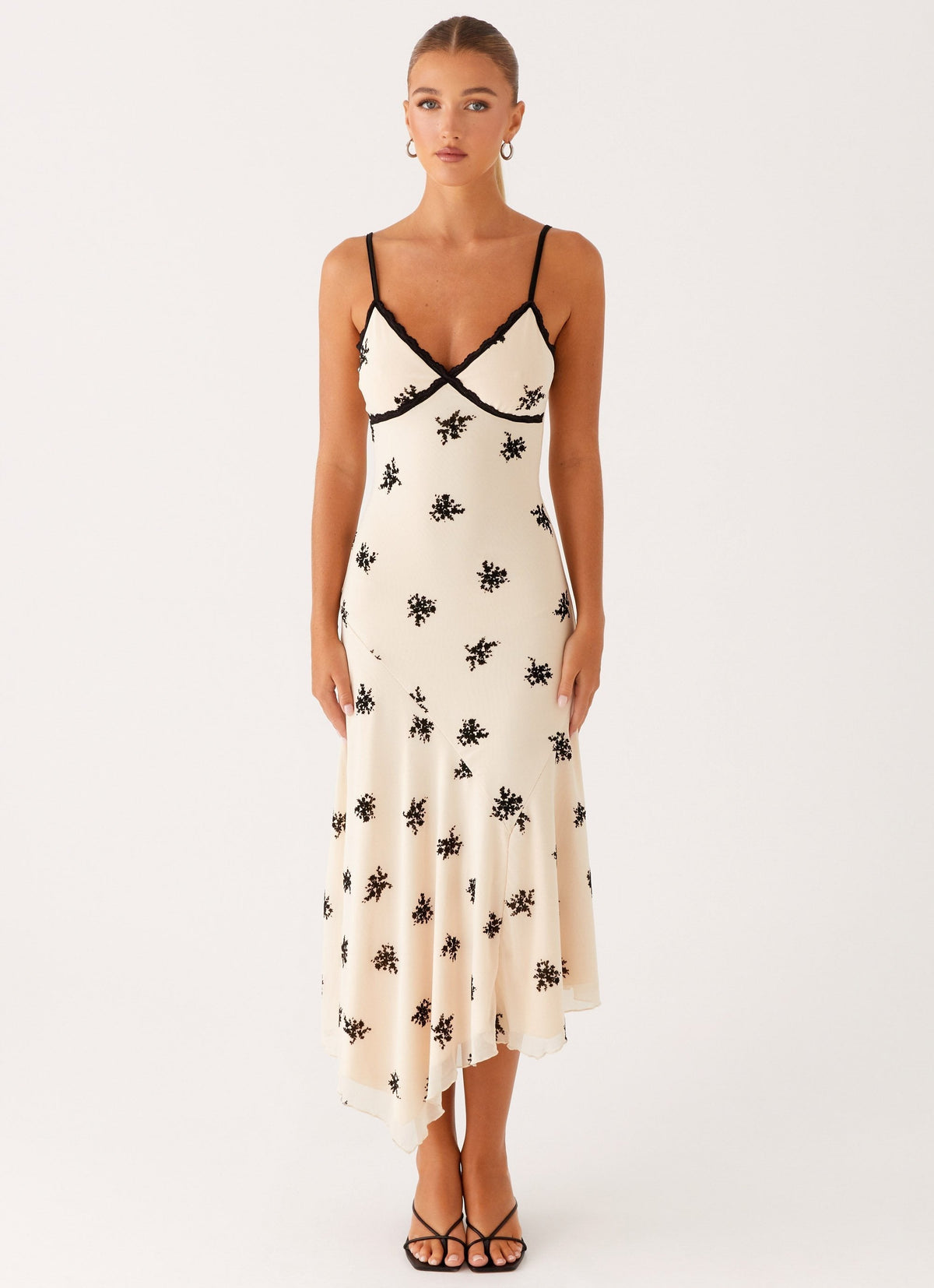 Deep V Neck Lace Trim Star Print Asymmetric Ruffle Midi Dress