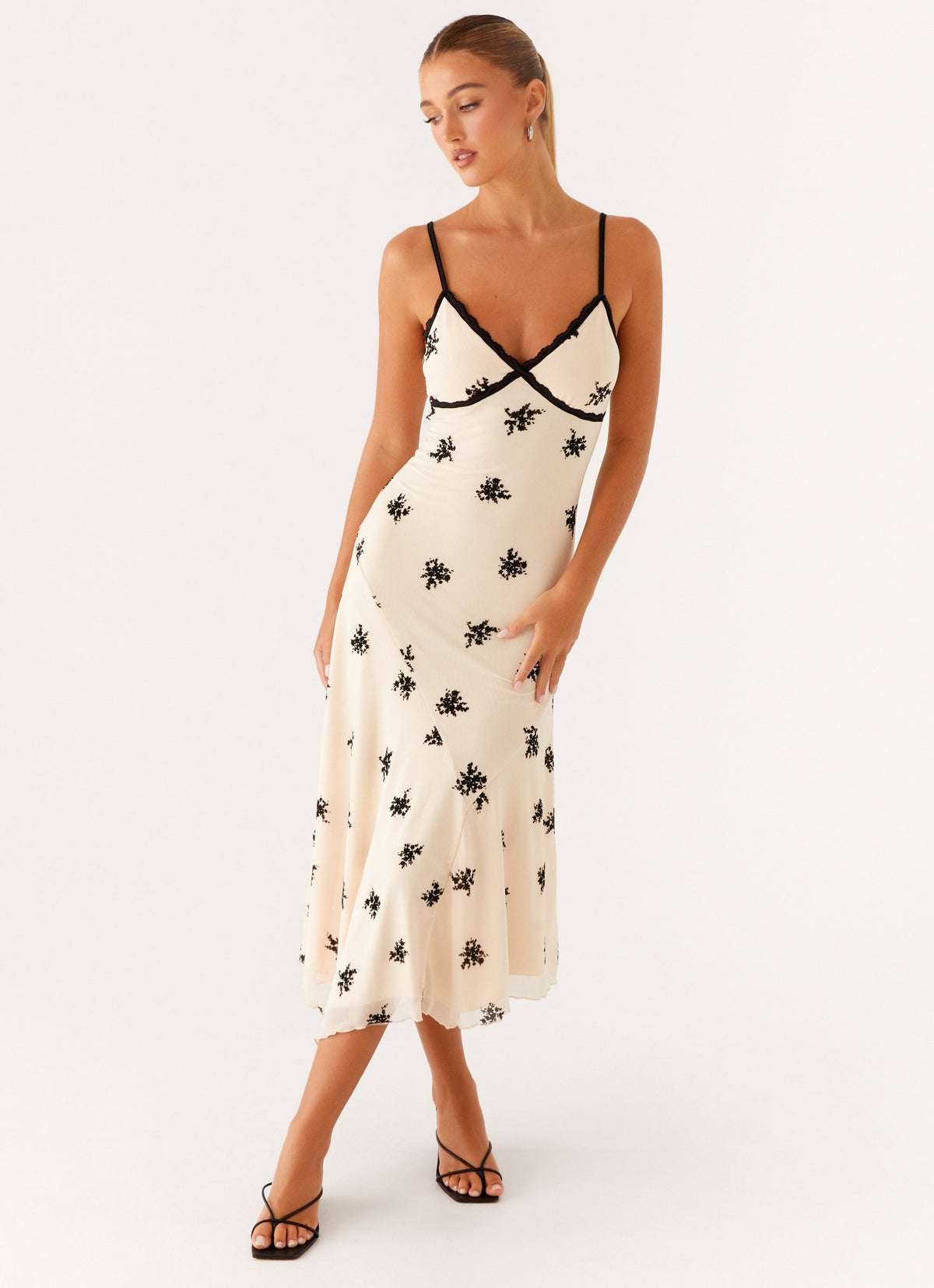 Deep V Neck Lace Trim Star Print Asymmetric Ruffle Midi Dress