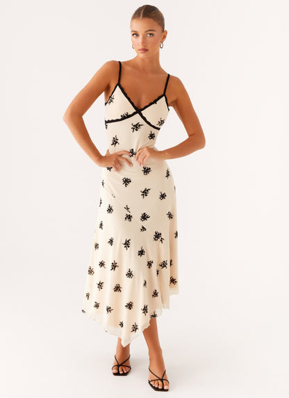 Deep V Neck Lace Trim Star Print Asymmetric Ruffle Midi Dress