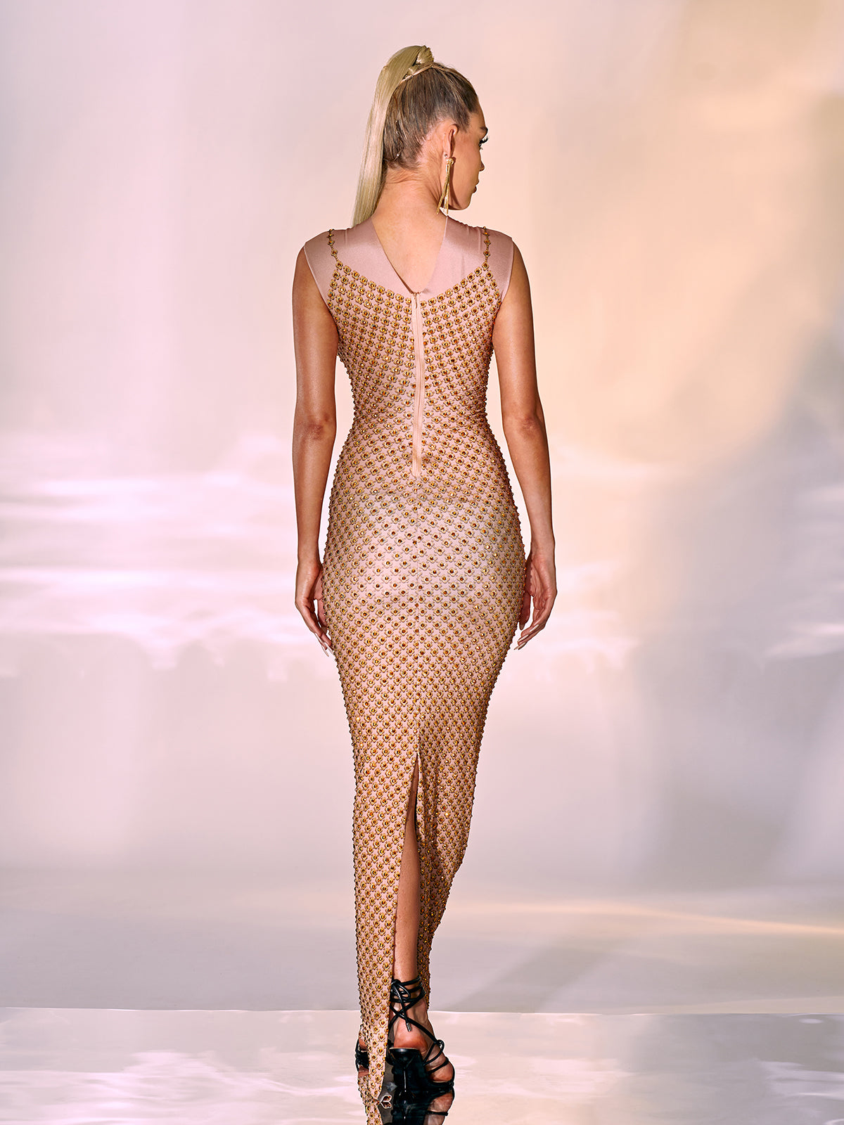 Sheer Mesh Yoke Sweetheart Neck Crystal Grid Embellished Column Maxi Gown