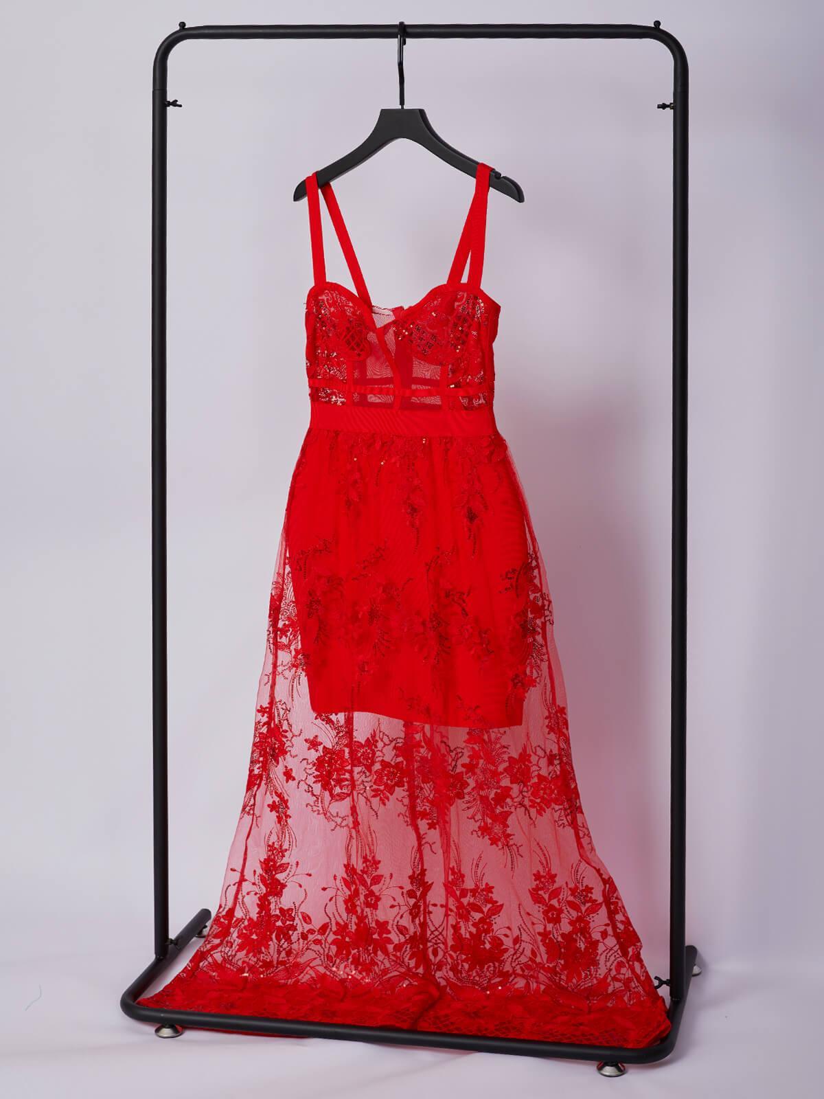 Sweetheart Spaghetti Strap Lace Corset Floral Sequin Overlay Maxi Dress