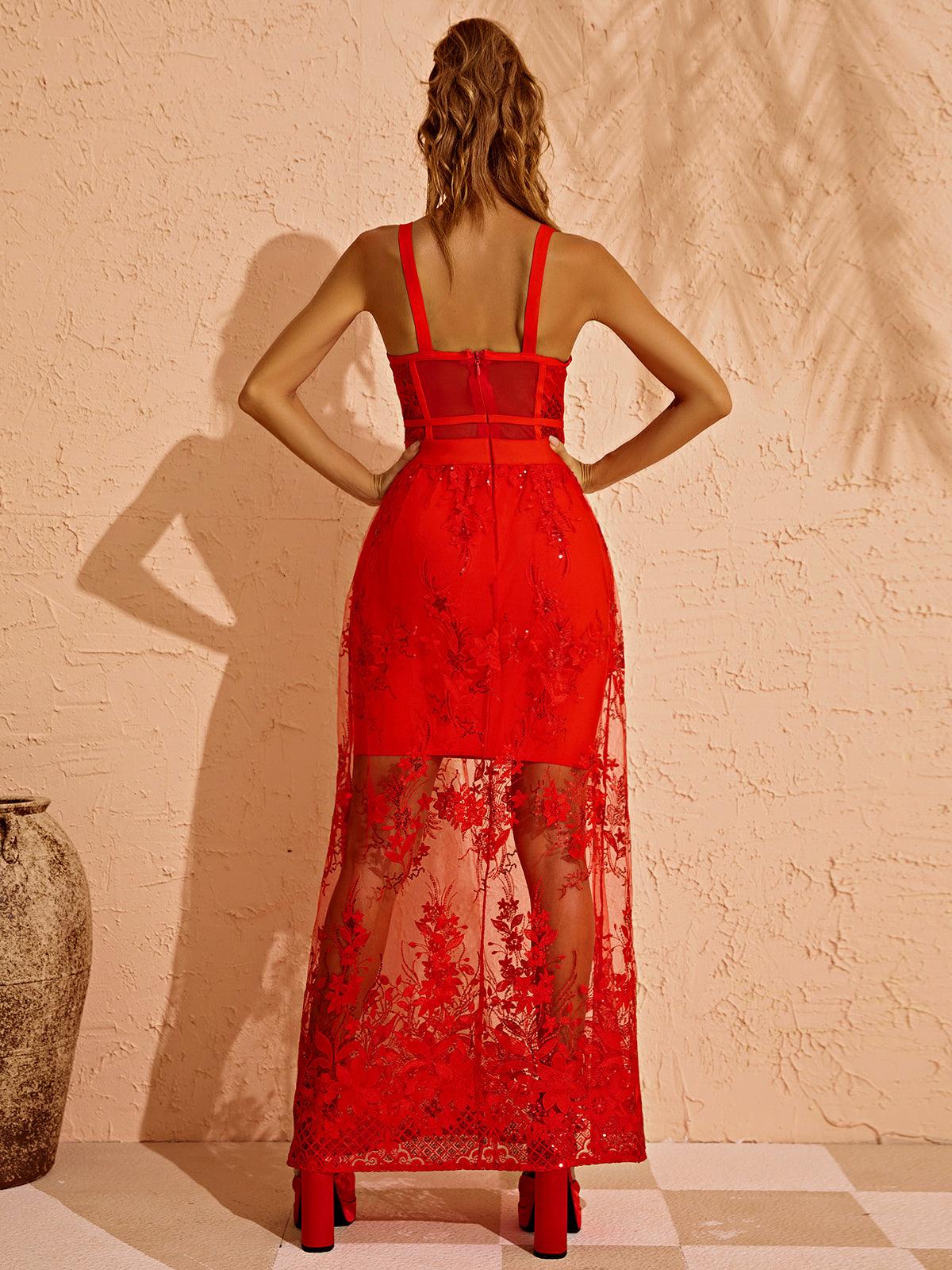 Sweetheart Spaghetti Strap Lace Corset Floral Sequin Overlay Maxi Dress