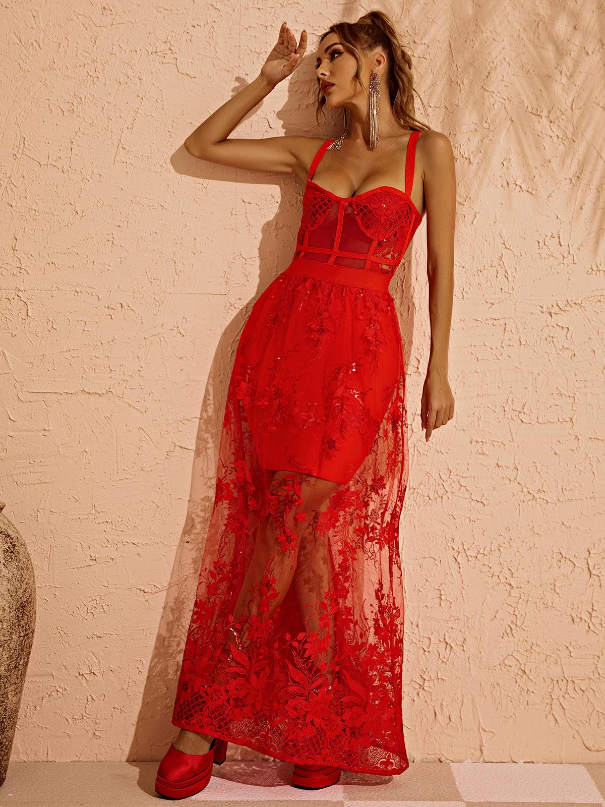 Sweetheart Spaghetti Strap Lace Corset Floral Sequin Overlay Maxi Dress