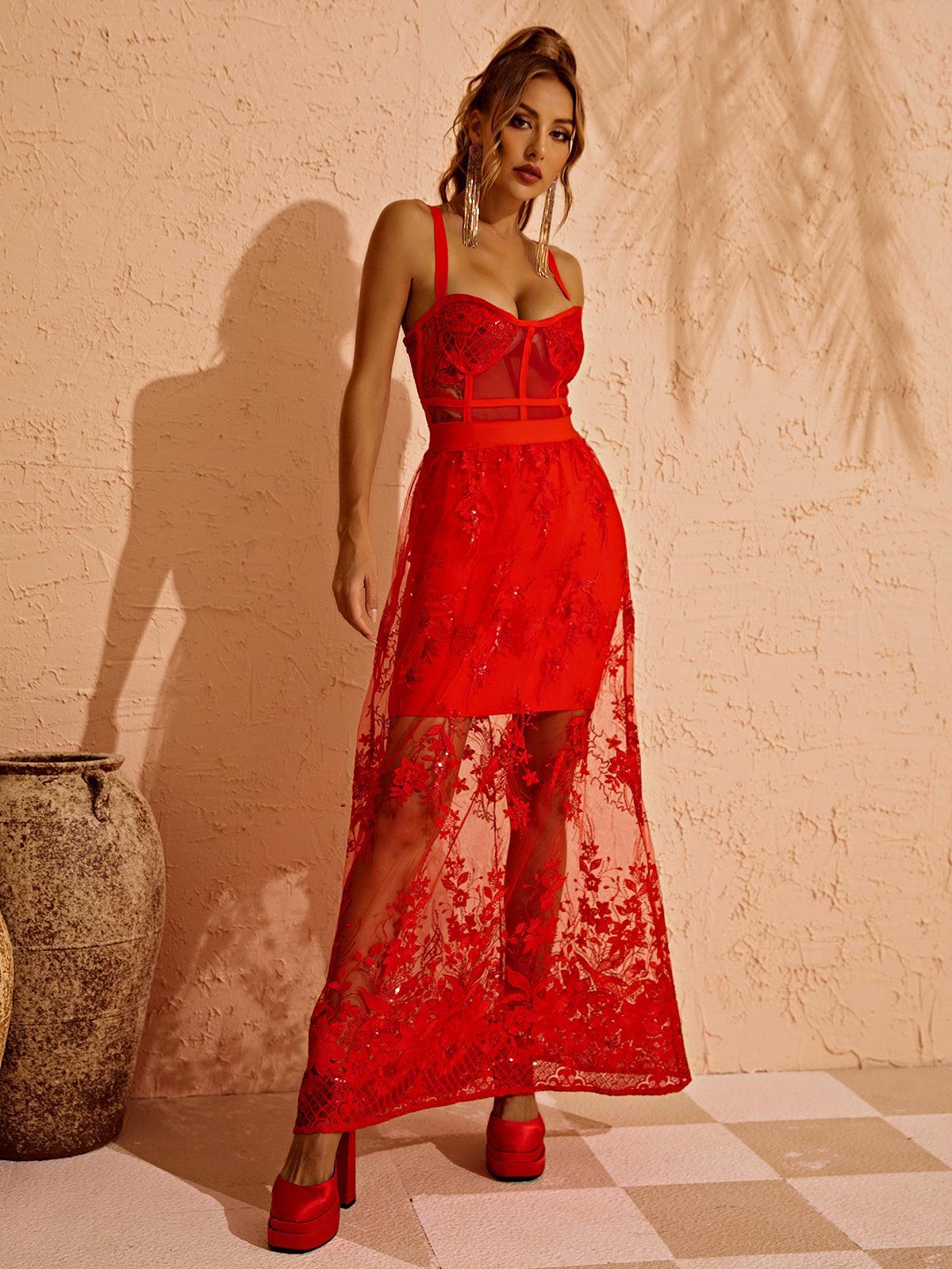 Sweetheart Spaghetti Strap Lace Corset Floral Sequin Overlay Maxi Dress