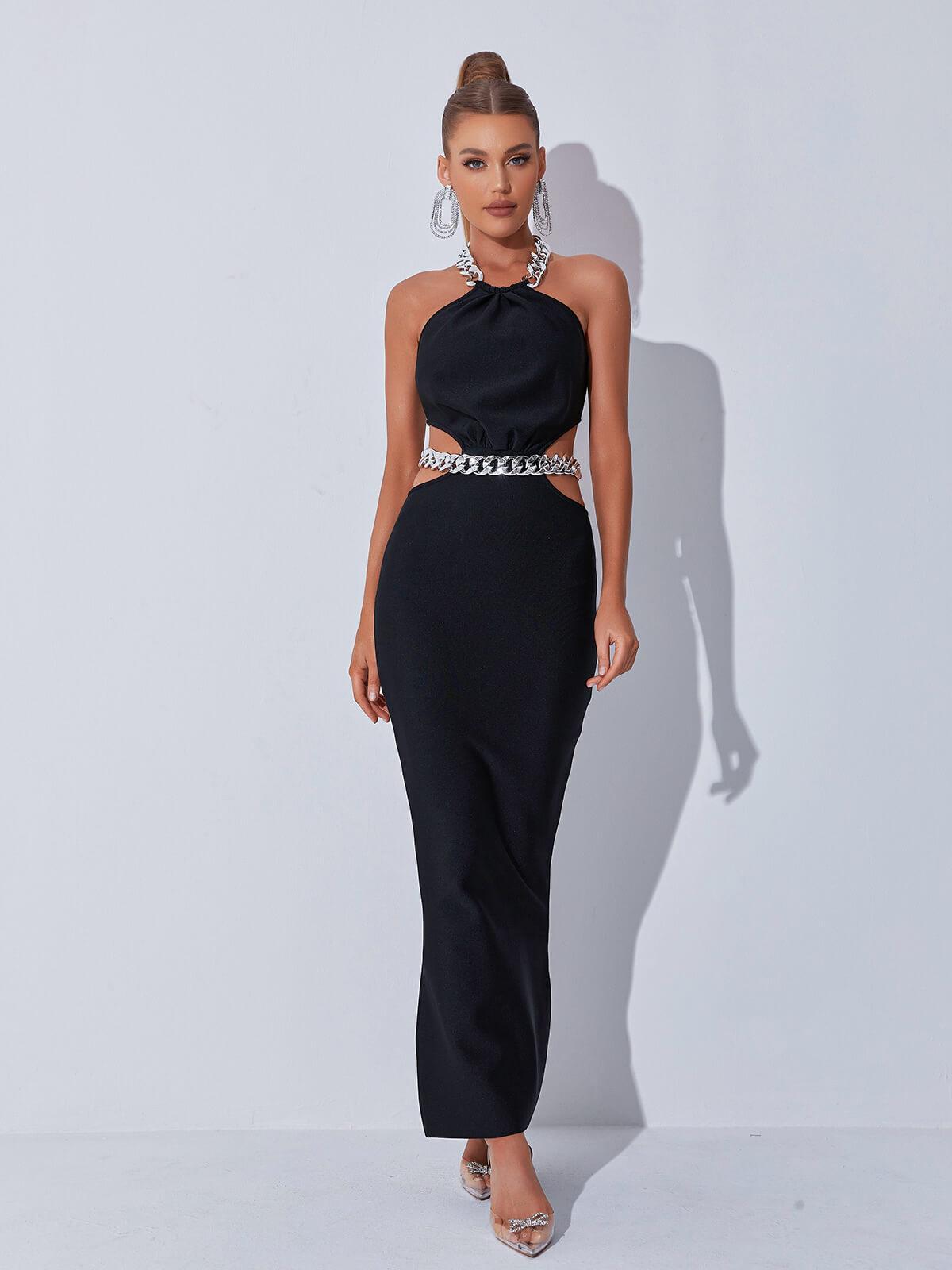 Chain Strap Halter Waist Cutout Bandage Maxi Gown