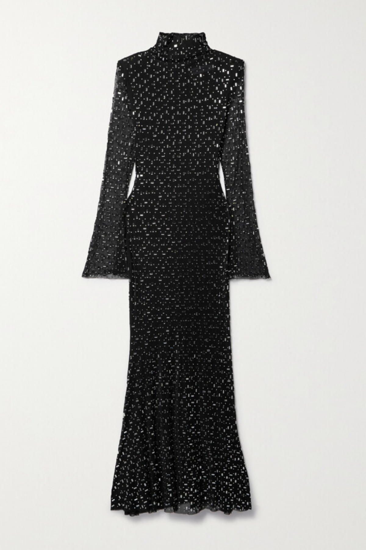 Mock Neck Long Sleeve Rhinestone Grid Mesh Bell Cuff Column Maxi Gown