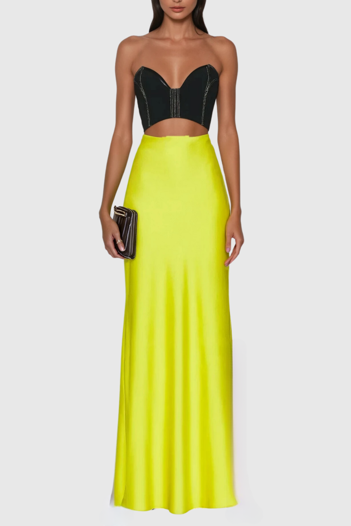 Strapless Sweetheart Corset Cutout Crop Top Satin Maxi Skirt Set