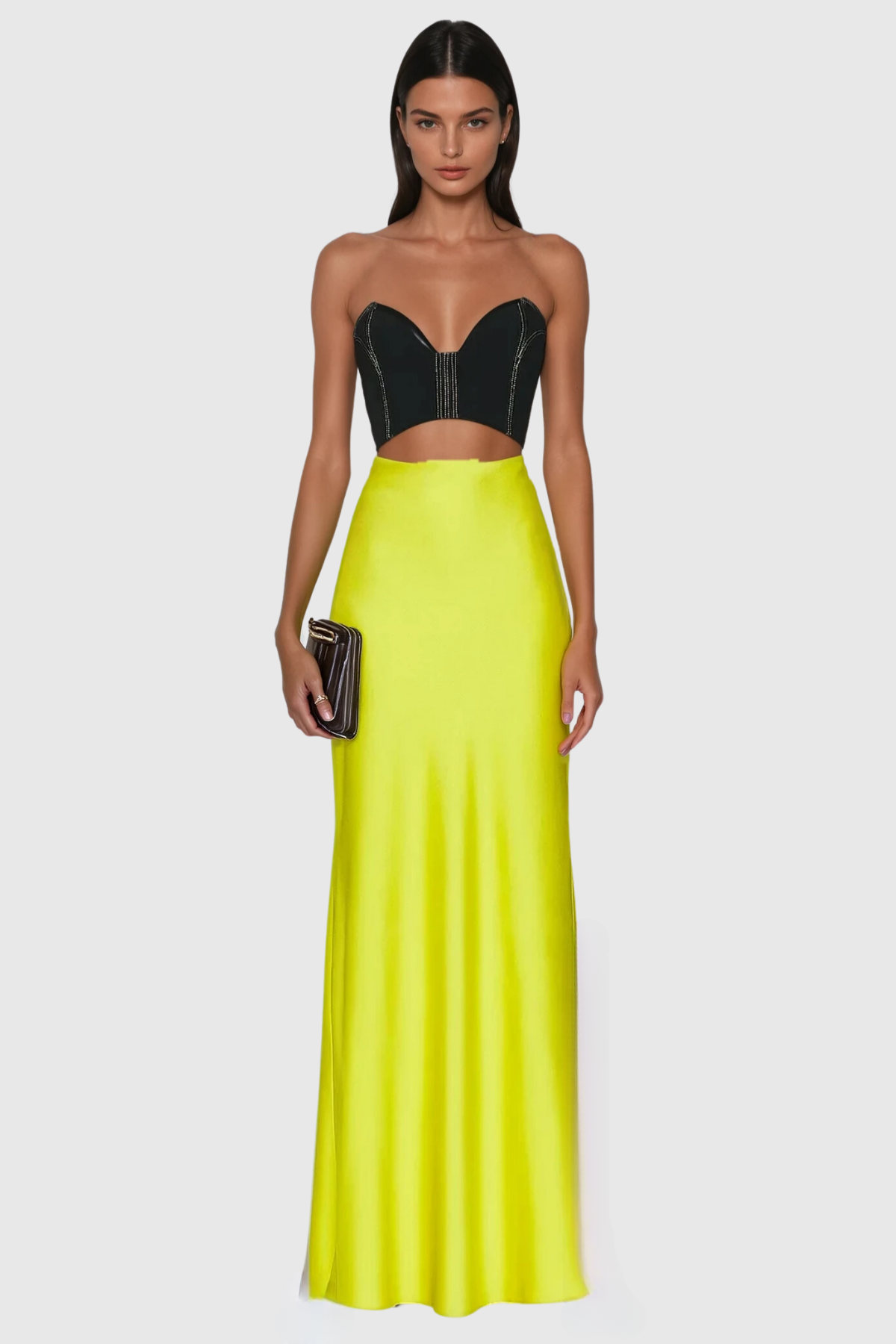 Strapless Sweetheart Corset Cutout Crop Top Satin Maxi Skirt Set