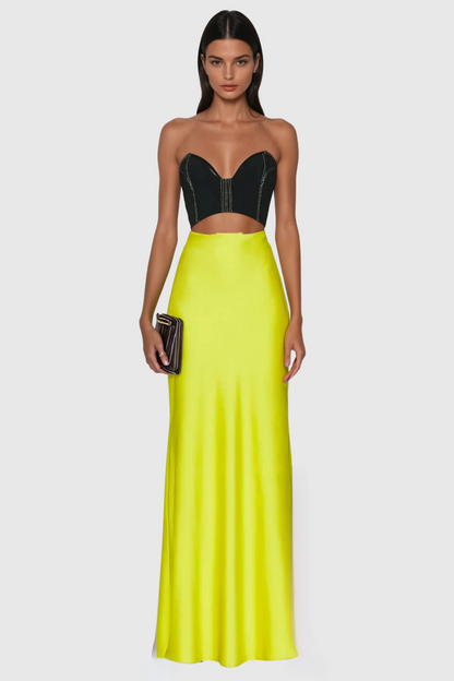 Strapless Sweetheart Corset Cutout Crop Top Satin Maxi Skirt Set