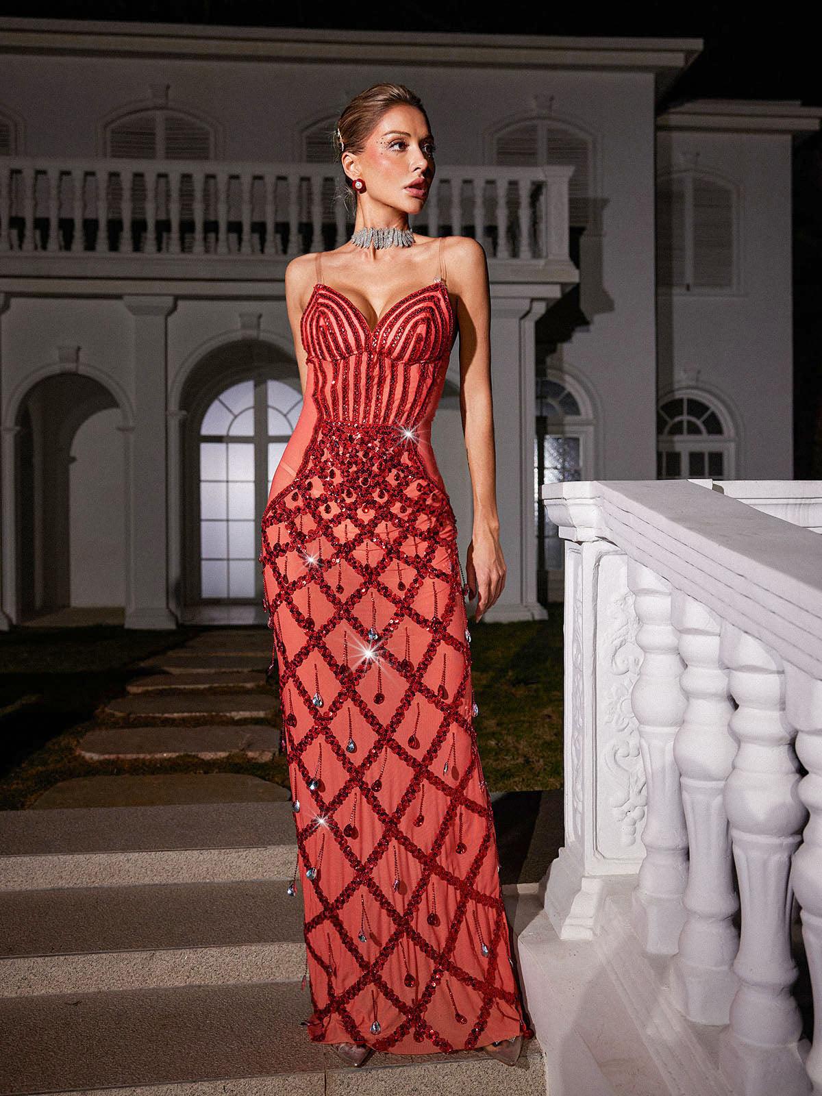 Sweetheart Corset Sequin Lattice Crystal Drop Maxi Gown