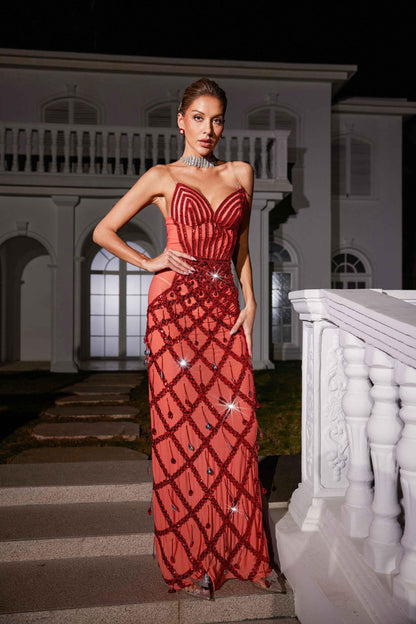 Sweetheart Corset Sequin Lattice Crystal Drop Maxi Gown