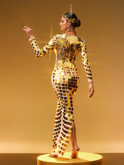 Long Sleeve Mirror Tile Mesh Embellished Maxi Gown
