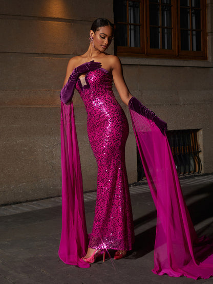 Strapless Sweetheart Velvet Bust Mesh Cutout Sequin Gown with Gloves
