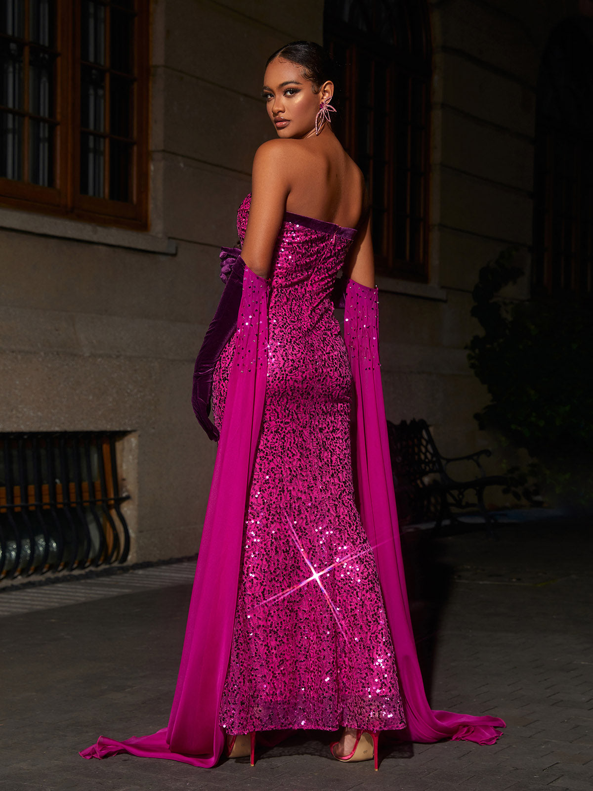 Strapless Sweetheart Velvet Bust Mesh Cutout Sequin Gown with Gloves