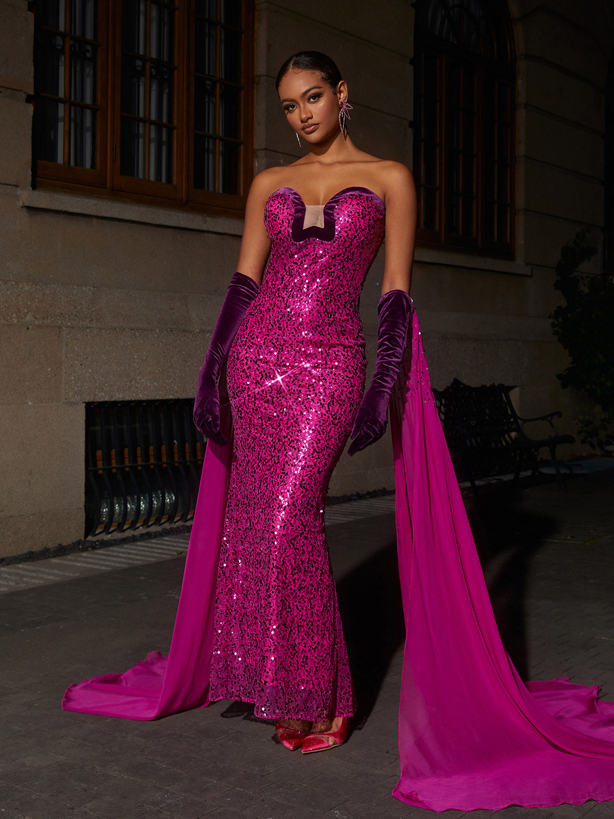 Strapless Sweetheart Velvet Bust Mesh Cutout Sequin Gown with Gloves