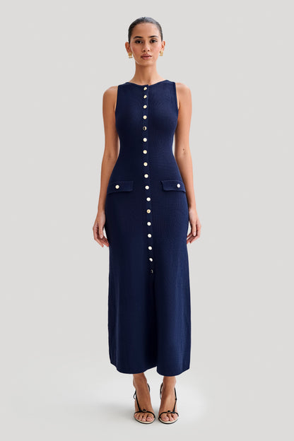 Rib Knit Crew Neck Metallic Button Flap Pocket Column Maxi Dress