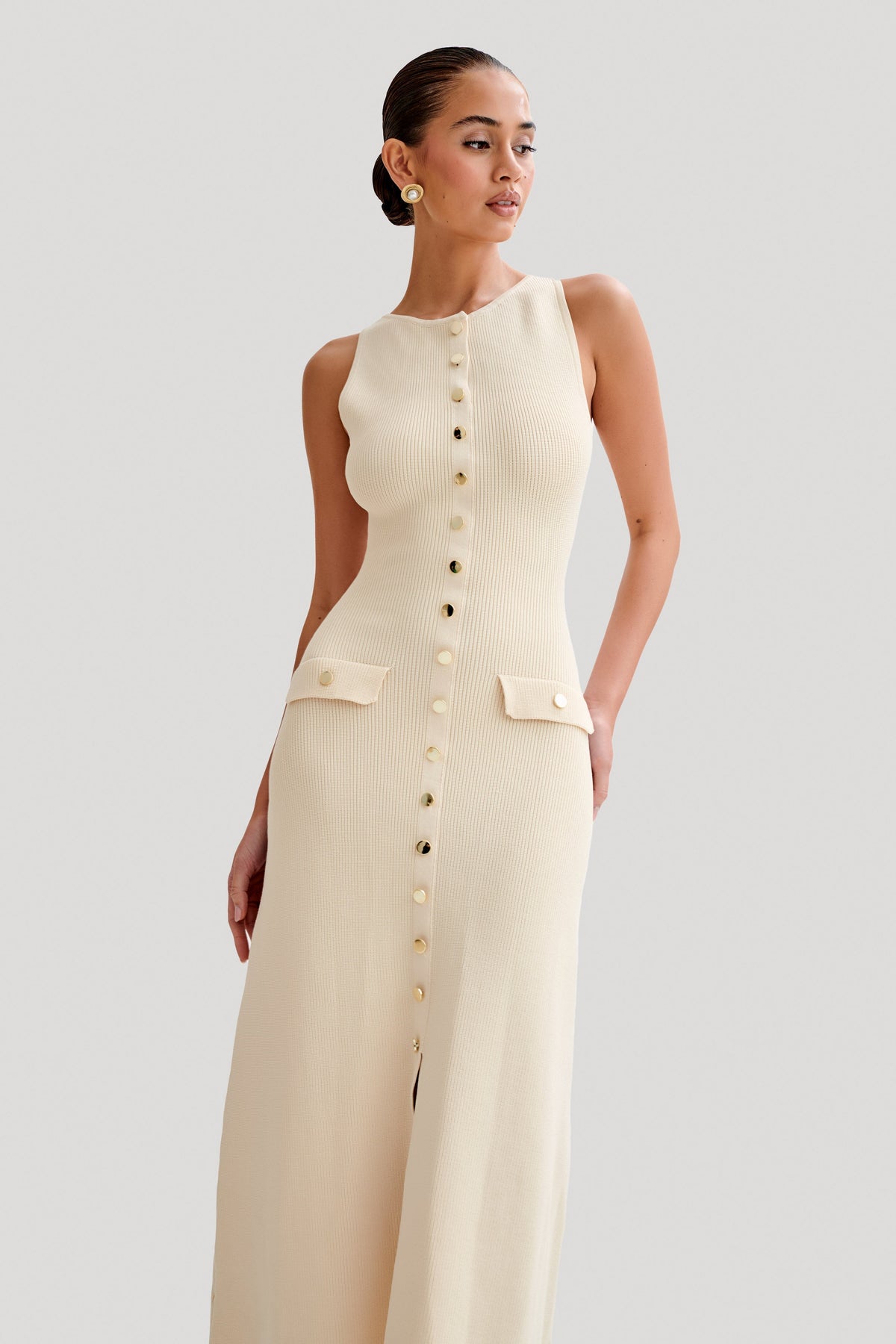 Rib Knit Crew Neck Metallic Button Flap Pocket Column Maxi Dress