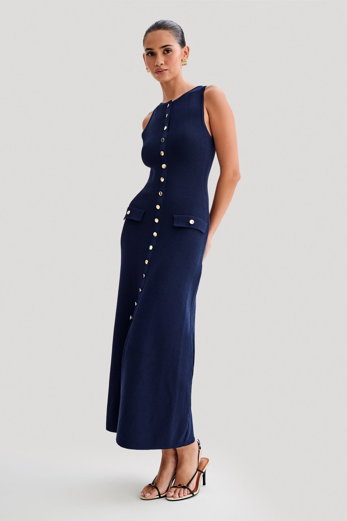 Rib Knit Crew Neck Metallic Button Flap Pocket Column Maxi Dress