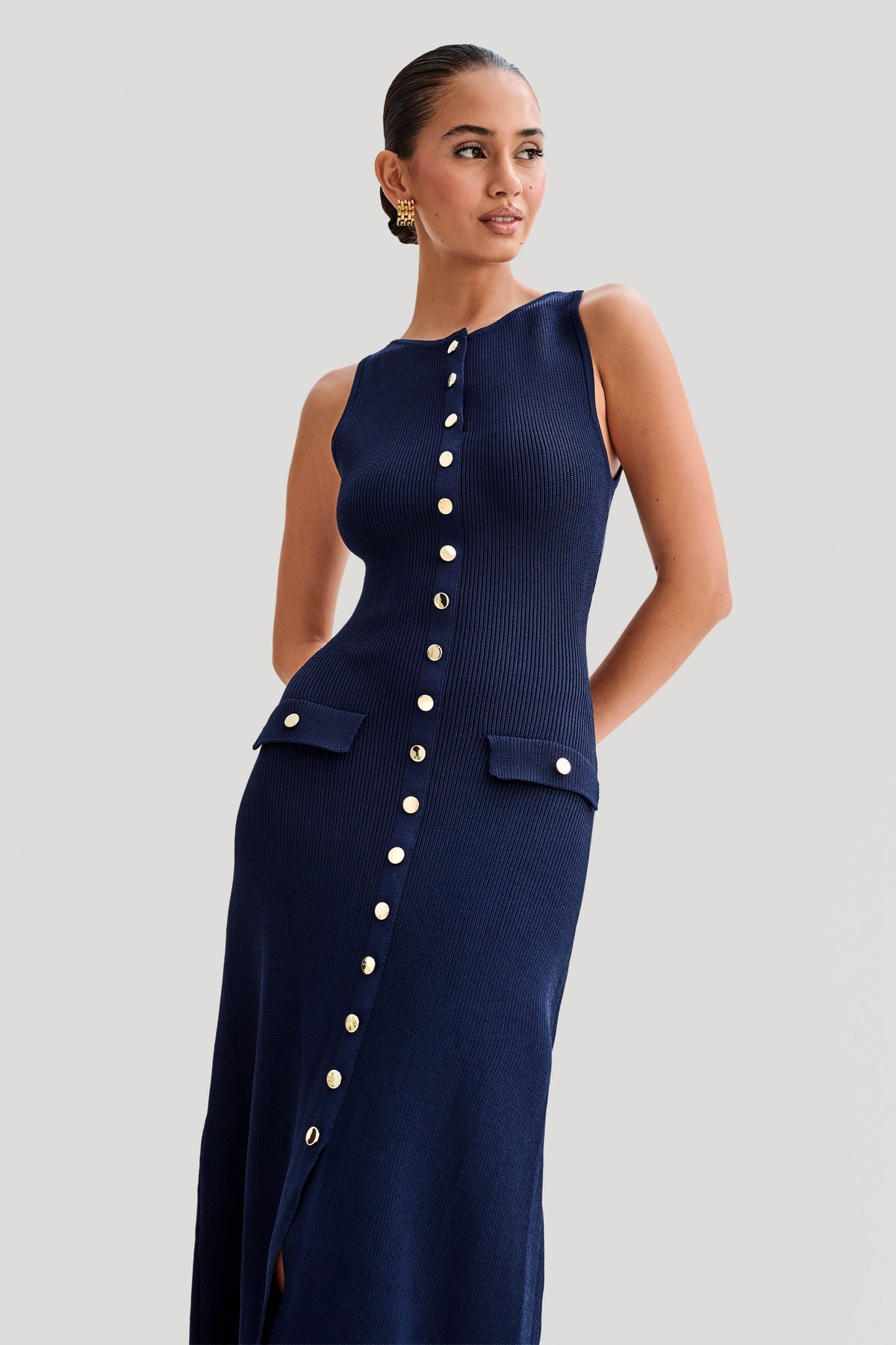 Rib Knit Crew Neck Metallic Button Flap Pocket Column Maxi Dress