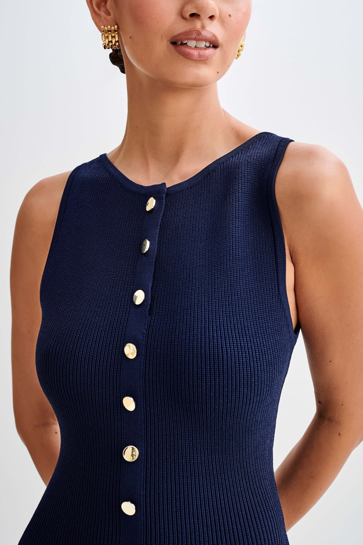 Rib Knit Crew Neck Metallic Button Flap Pocket Column Maxi Dress