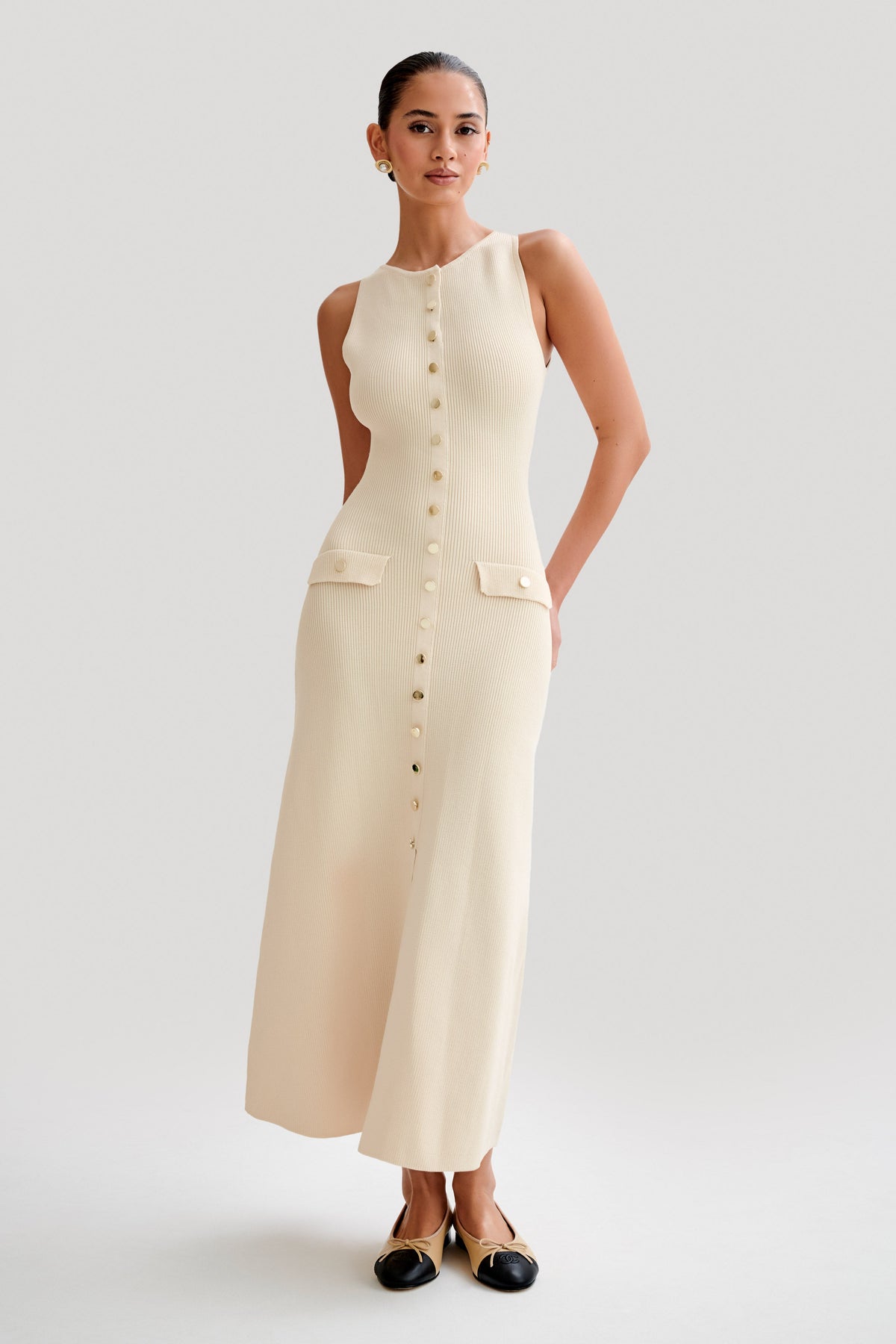 Rib Knit Crew Neck Metallic Button Flap Pocket Column Maxi Dress