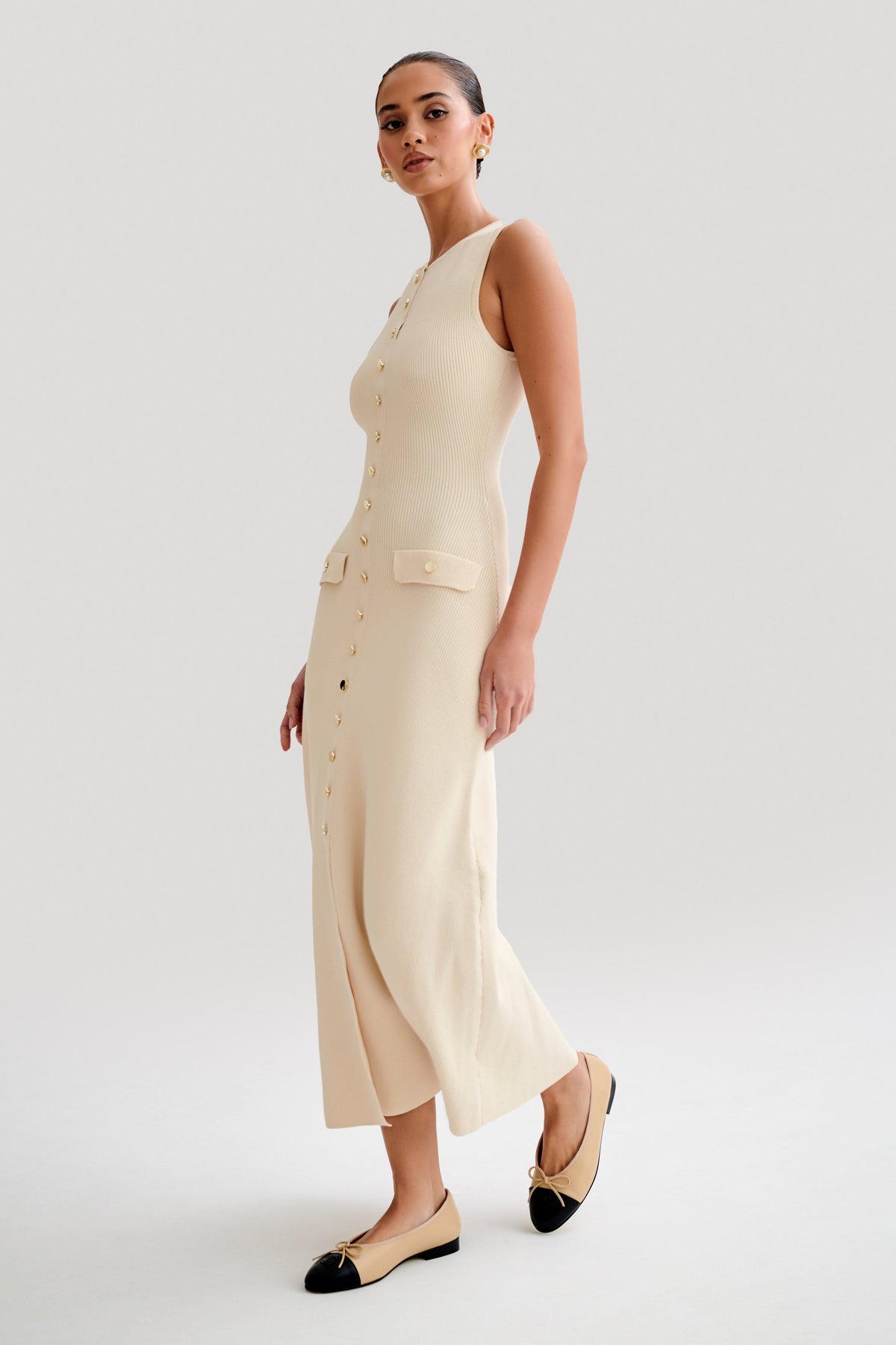 Rib Knit Crew Neck Metallic Button Flap Pocket Column Maxi Dress