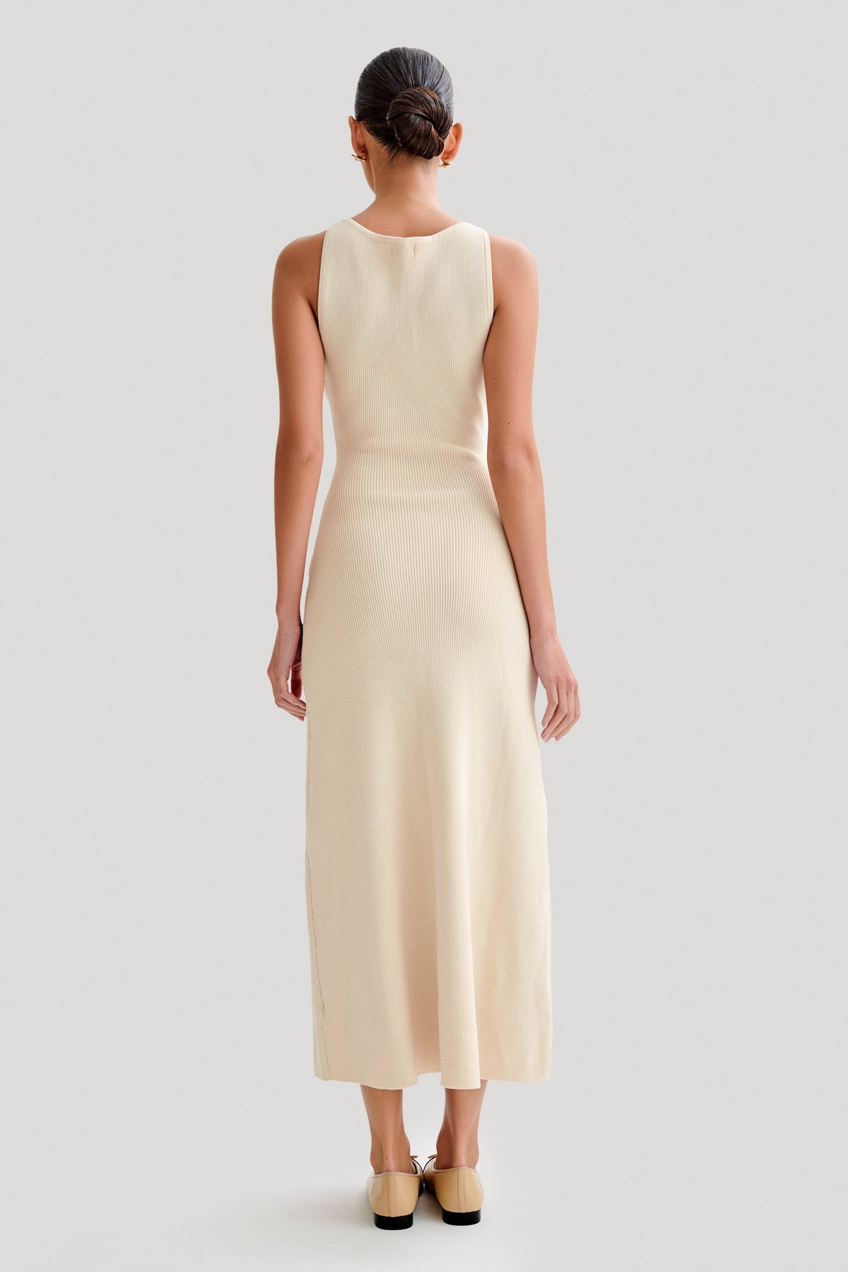 Rib Knit Crew Neck Metallic Button Flap Pocket Column Maxi Dress