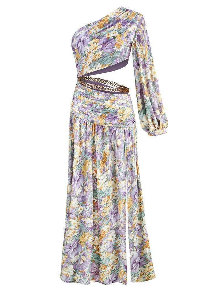 One Shoulder Lantern Sleeve Twisted Crop Floral Cutout Slit Maxi Dress Set