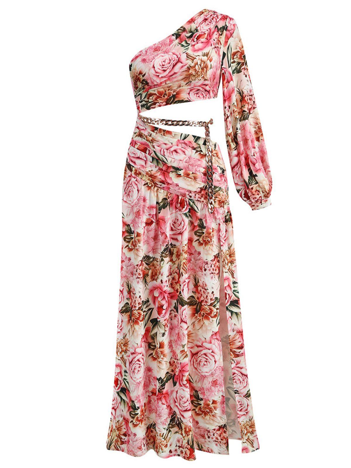 One Shoulder Floral Print Cutout Crop Top and Chain Waist Ruched Slit Maxi Skirt Set