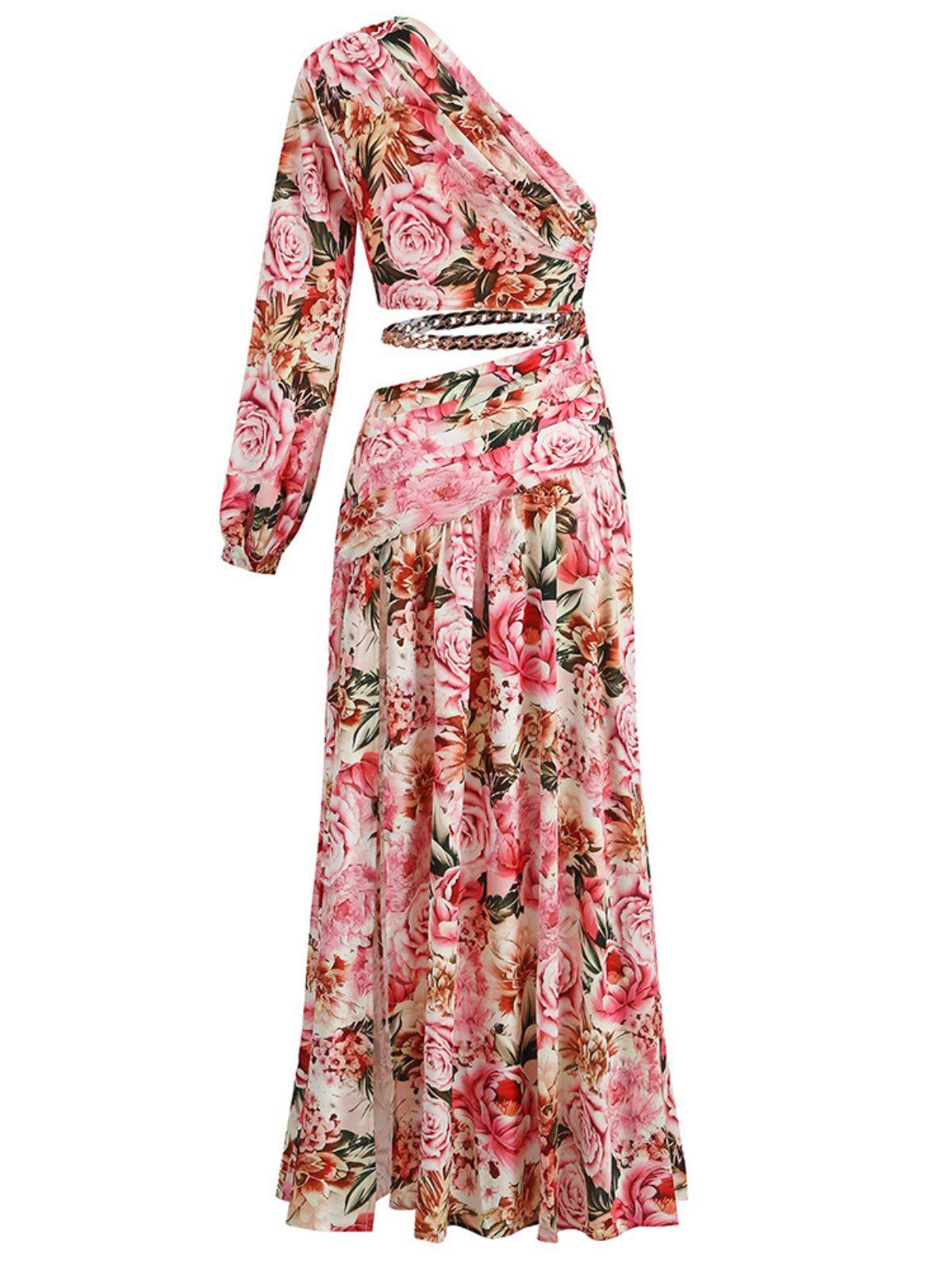 One Shoulder Floral Print Cutout Crop Top and Chain Waist Ruched Slit Maxi Skirt Set
