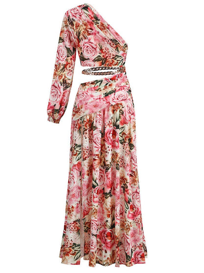 One Shoulder Floral Print Cutout Crop Top and Chain Waist Ruched Slit Maxi Skirt Set