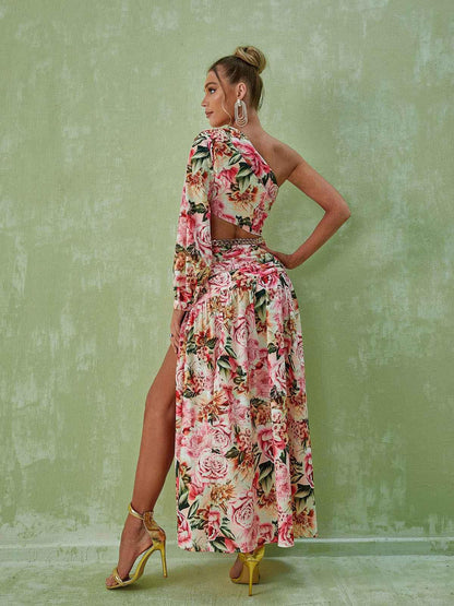 One Shoulder Floral Print Cutout Crop Top and Chain Waist Ruched Slit Maxi Skirt Set