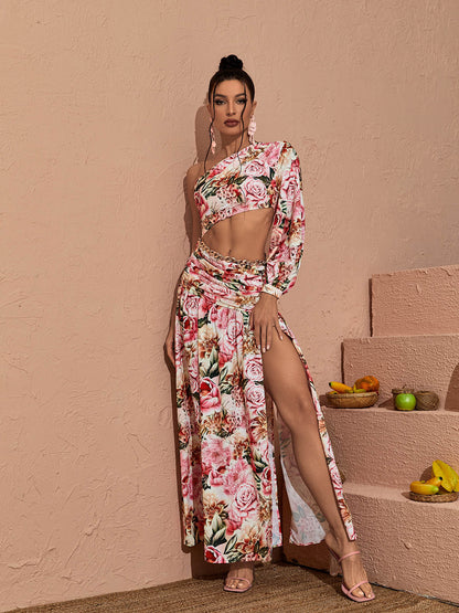 One Shoulder Floral Print Cutout Crop Top and Chain Waist Ruched Slit Maxi Skirt Set